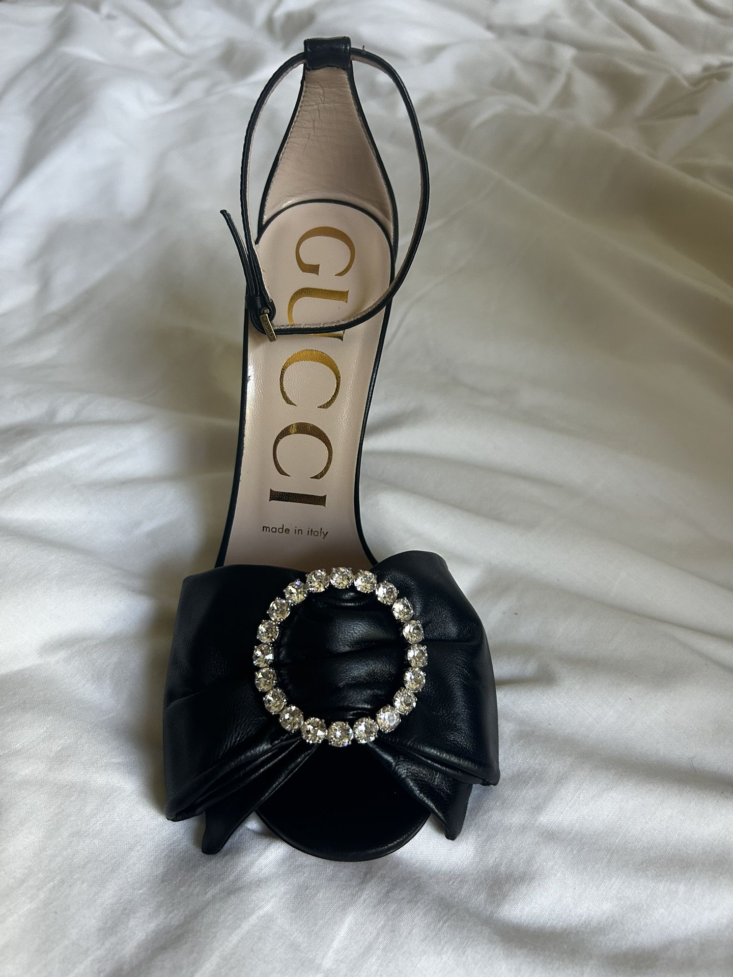 Gucci Black Leather Charlotte Web Crystal Embellished Ankle Strap Sandals Size 35/5