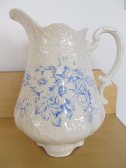 Blue & White Antique Ironstone Pitcher – 12” tall and 9-1/2" wide