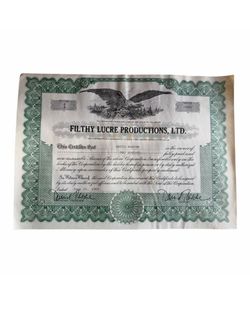 1986 David Rasche Signed Filthy Lucre Productions Stock Certificate #1 + Letter