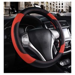Leather Car Steering Wheel Cover, Non-Slip Car Wheel Cover Protector Breathable Microfiber Leather Universal Fit for Most Cars (Black & Red