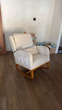Cream Upholstered Rocking Chair with Wood Base