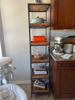 Decorative 5 tier shelf - iron and wood