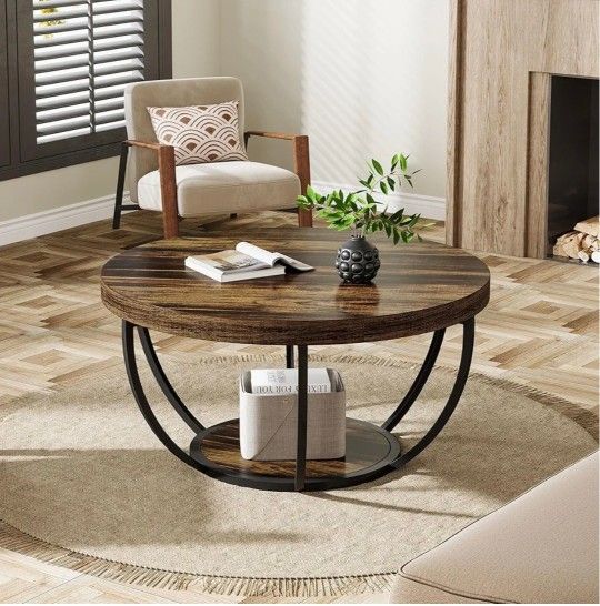 Round Coffee Table, 31.7" Wooden 2-Tier Circle Coffee Table with Storage Shelves, Modern Accent Cocktail Table Center Table for Living Room, Rustic Br