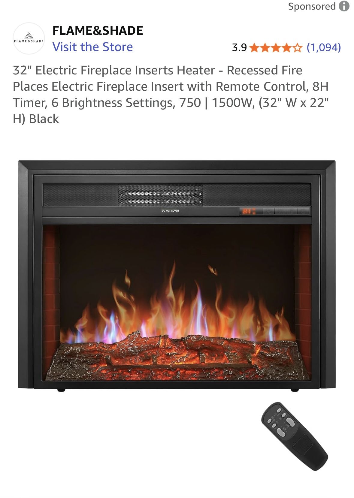 Flame And Shade 32" Electric Fireplace Inserts Heater - Recessed Fire Places Electric Fireplace Insert with Remote Control, 8H Timer, 6 Brightness Set