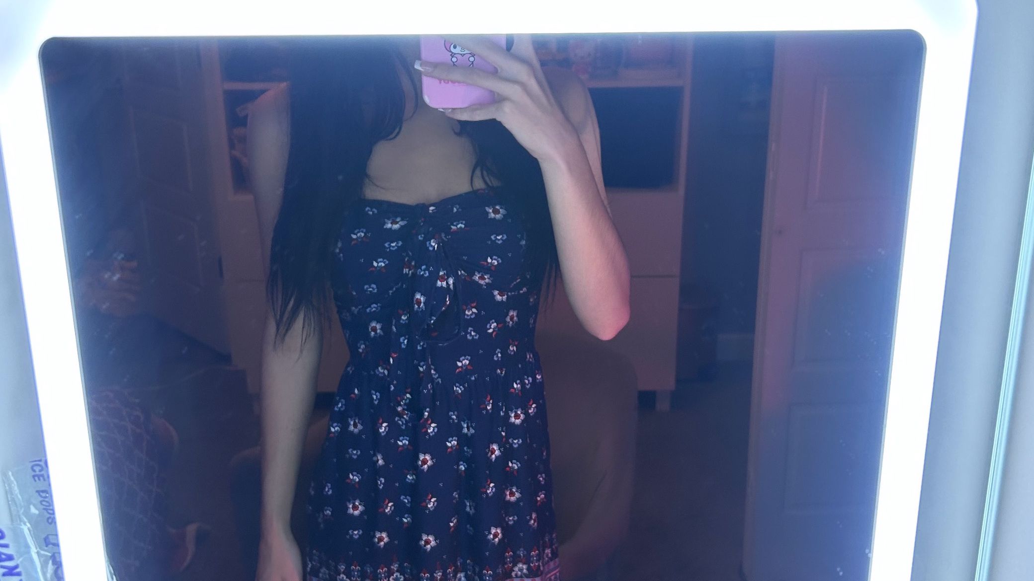 Navy Blue Strapless Floral Dress