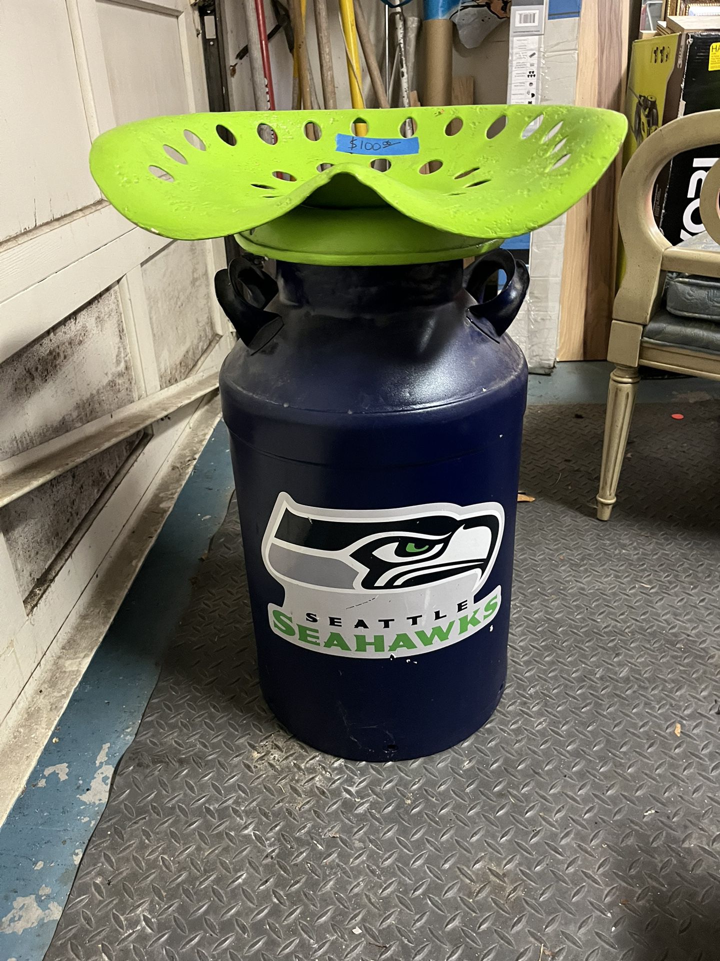Seahawk Milk Can with Tractor Seat