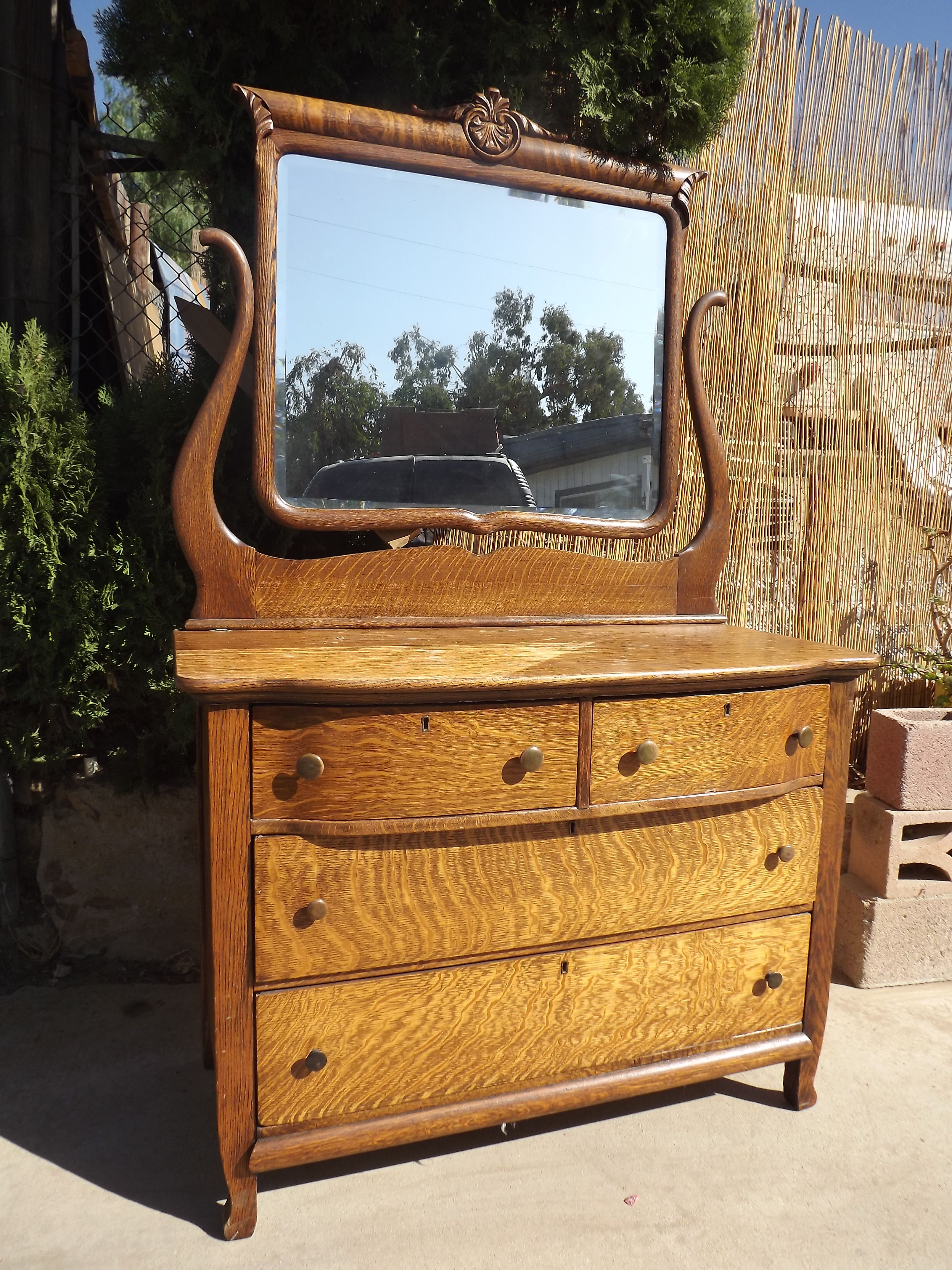 Vintage Tiger Oak Dresser with Mirror 4 Drawer