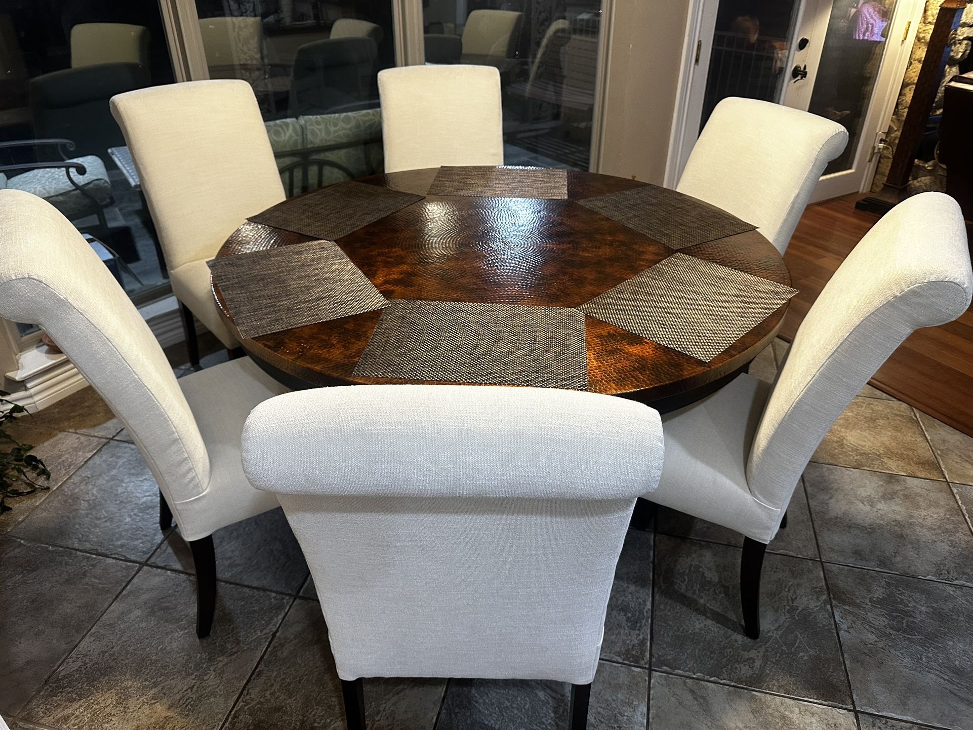 Round Copper Kitchen Dinning Table Designed By Hooker Furniture With 6 Pottery Barn Chairs