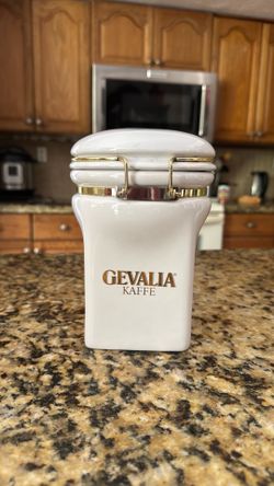 Vintage Gevalia Kaffe White Ceramic Coffee Canister 9" Tall Square Flip Top Jar