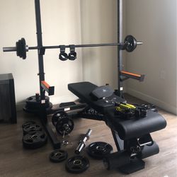 Half Rack + Bench + Olympic Barbell & Dumbbell Handles + more