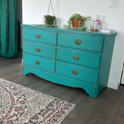 Super Cute Dresser. Real wood, good Condition,Teal Color/gold Knobs 