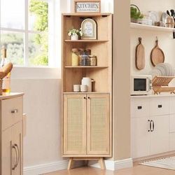 New Freestanding Natural Rattan , Modern Corner Bathroom Storage Cabinet Adjustable shelves