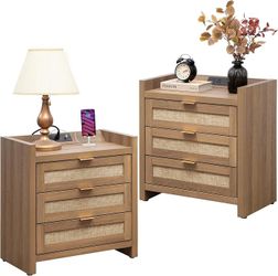 Rattan Night Stand Set of 2 : Bedside Table with 3 Large Drawers Farmhouse Boho Nightstands with Type-C Charging Station, Storage, Tall Side Table End