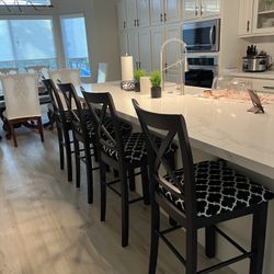 Four Upholstered Barstool – Counter Height Black & White Wood Stool for Kitchen Island + Bonus 5th Swivel matching fabric Stool.