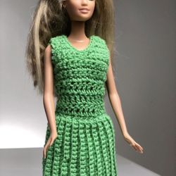 New Handmade Green Crochet Dress for Barbie Doll – Fashion Outfit