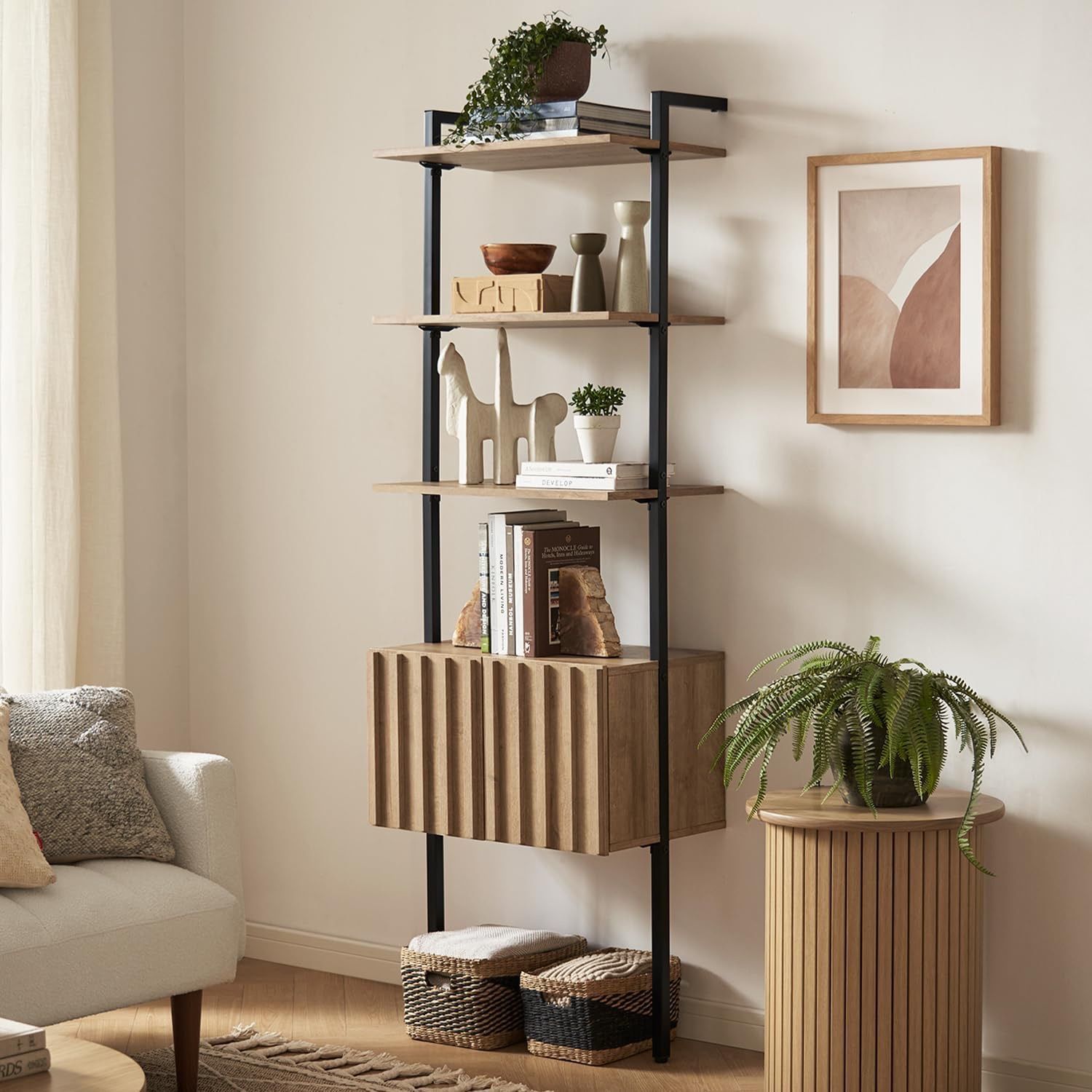 mopio Norwin Ladder Book Shelf, Wall Bookshelf, Farmhouse Industrial Bookcase, Narrow Slim Organizer Display Shelves, Living Room, Bedroom (3-Tier She