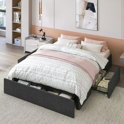 Full Size Platform Bed Frame with 3 Storage Drawers, Fabric Upholstered, Dark Grey