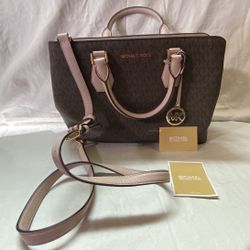  Michael Kors CAMILLE LARGE LOGO AND LEATHER SATCHEL Classic Brown & Pink