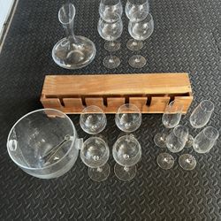 Crate & Barrel Wine Glasses, Champagne Glasses, Ice Bucket, Decanter, and Wine Rack