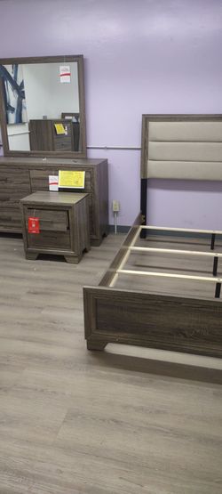 New four-piece queen bedroom set with queen bed frame and dresser mirror and night stand on sale now don't miss
