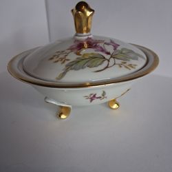Porcelain Footed Covered Bowl with Floral Motif and Gilded Accents