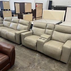 Power Recliner Beige Leather Sofa And Love Seat 