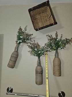 3 piece rustic hanging wall vases with woven basket Decor OBO
