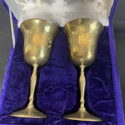 Antique Vintage Set of 2 Brass Wine Goblets Chalice Features Floral Etching (Made In India) Comes in Original Purple Velvet Case (Brand New / Unused)
