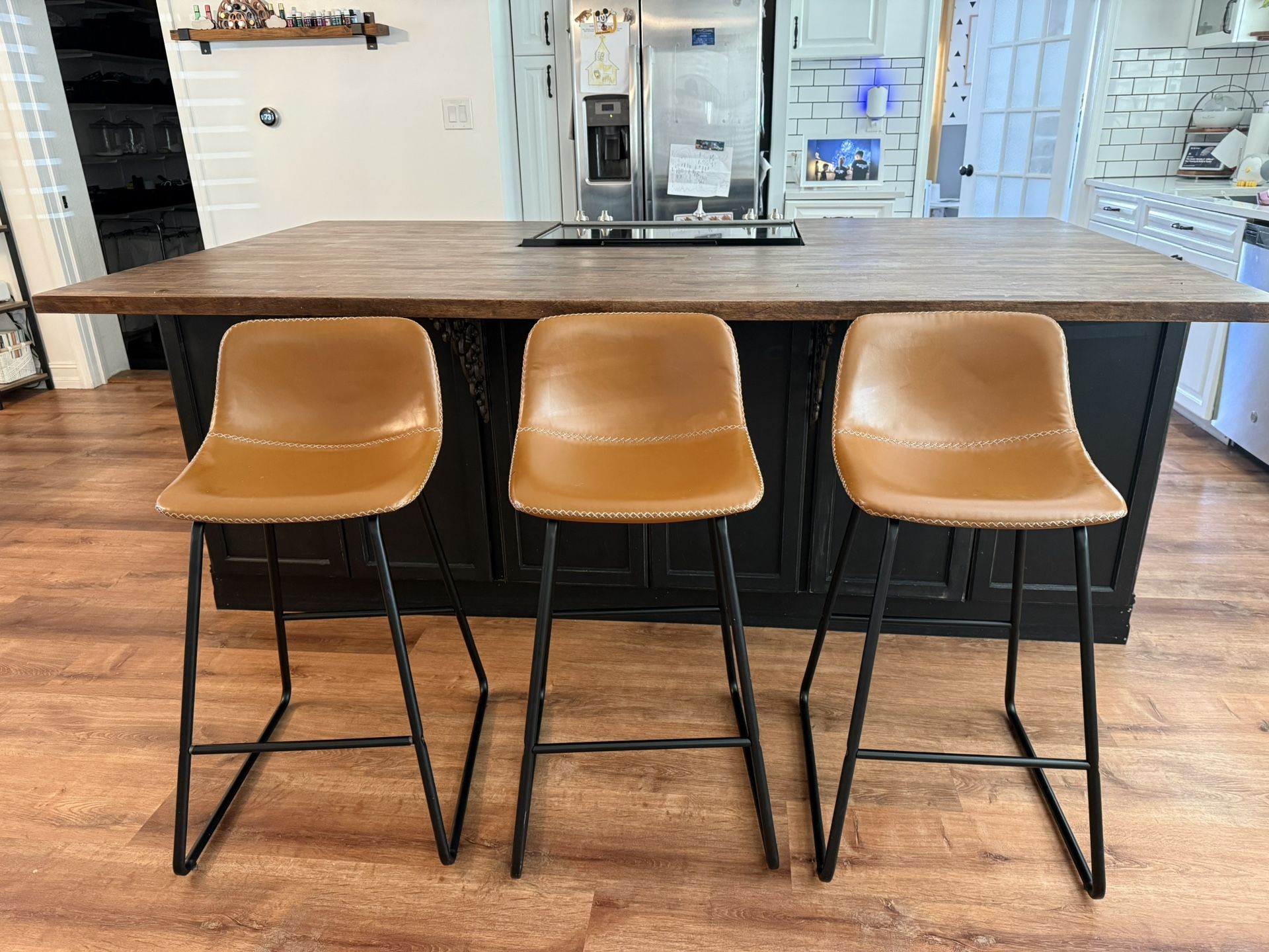 Whiskey Brown Bar Stools- Set Of 3 Bar Stools- Faux Leather Bar Stools