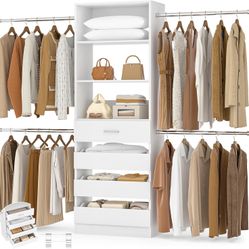 Closet System, 4-9Ft Closet Organizer with 4 Wooden Drawers, Wood Closet Organizer System with Tower, Walk-in Closet Organizer Wardrobe Clothes Rack w