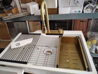 kitchen sink with faucet and water fall 22 x 33 top mount *used damaged can be fix