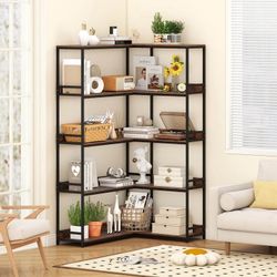 Corner Bookshelf 5-Tier L-Shaped Bookcase 71" Tall Etagere Bookshelf with Metal Frame Brown