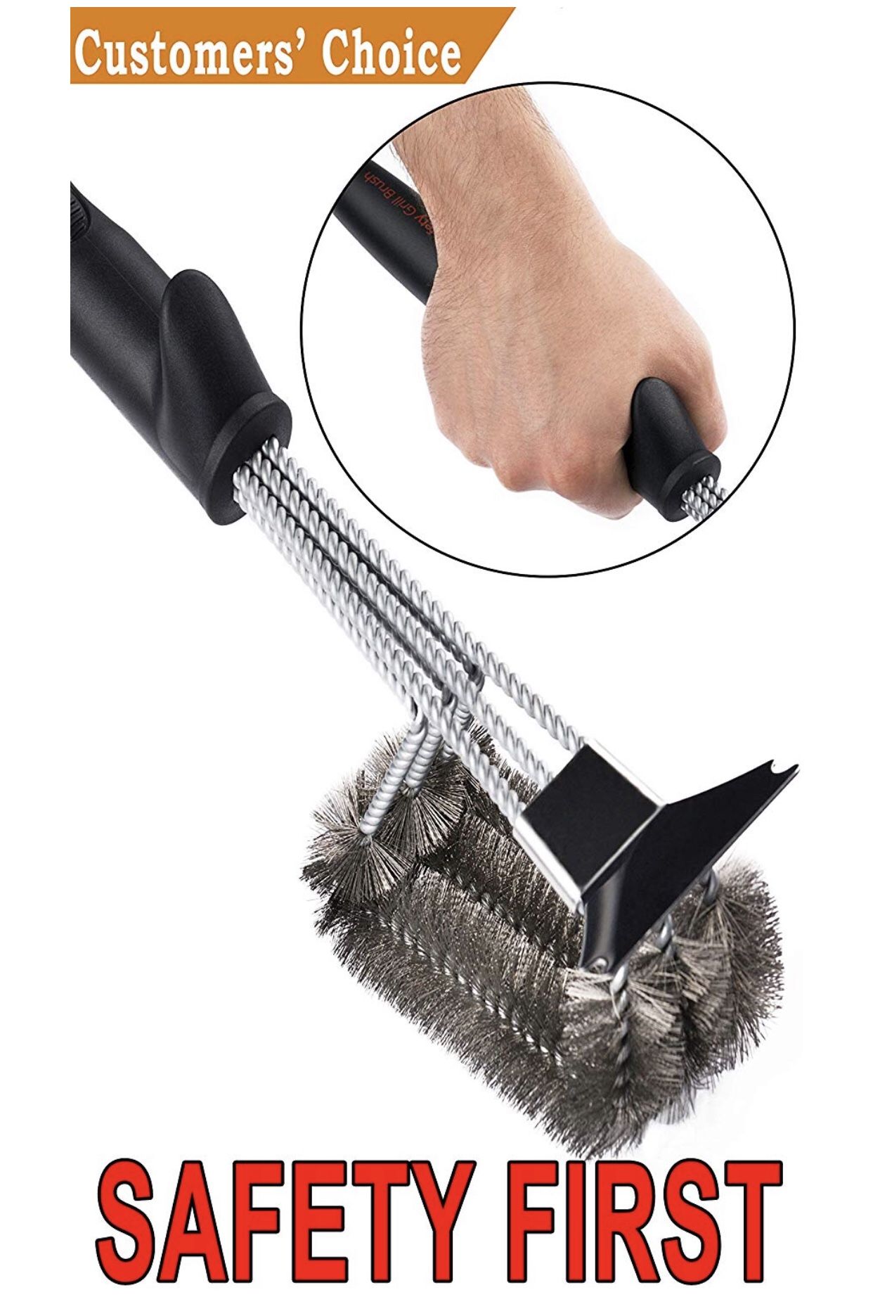 SAFETY Grill Brush - Grill Brush & BBQ Cleaning Scraper. 100% Safe Wire Bristles Grill Cleaner. Best 18" Barbecue Grill Brush for All Grills