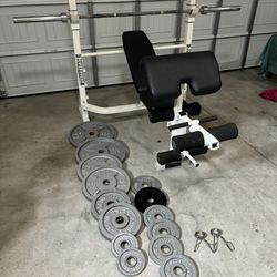 Olympic Squat Rack Weight Bench(Squats On Rear) Legs,Preacher Curls,255 LBS Olympic Weight Plates,45 LB Bar 