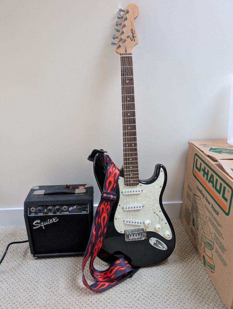 Fender Squire Guitar, Amp, Strap