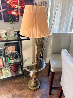 Vintage Brass Floor Lamp w/ Glass Side Table Hollywood Regency Era