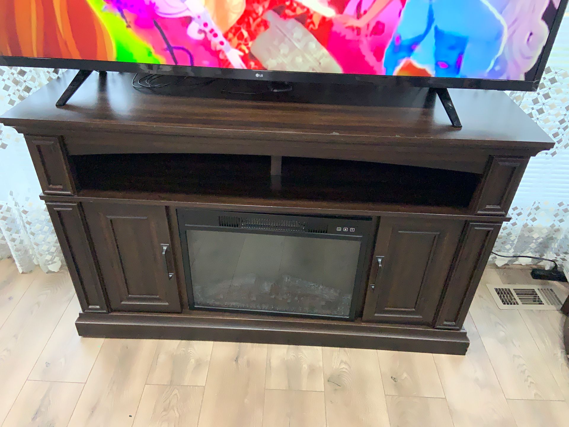 TV stand with fireplace for 65 inch TV brown color