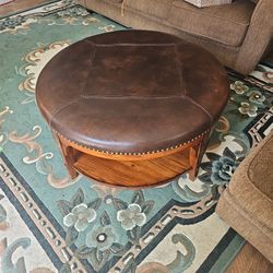 Large Leather And Wood Ottoman 