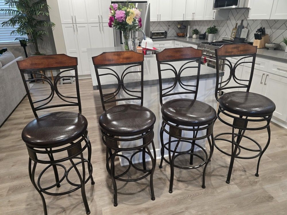 Dark Bronze Counter Island, High Top Table, Bar Upholstered Metal/Wood Swivel Stools Qty 4