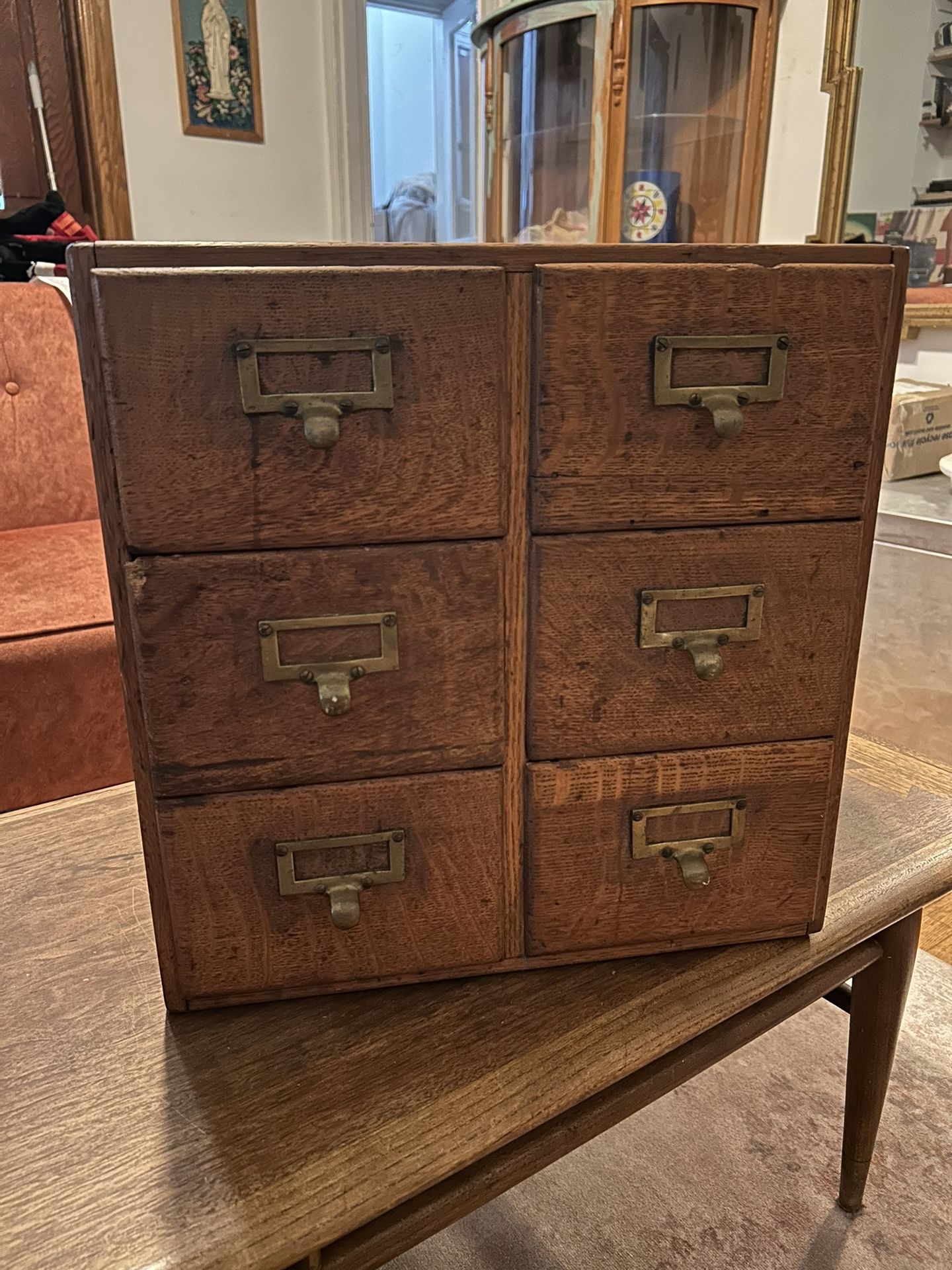 Antique Vintage 6 Drawer Wooden Card Catalog File Cabinet Library Dovetail