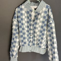 Never Been Worn Denim Checkered Bomber Patchwork Jacket