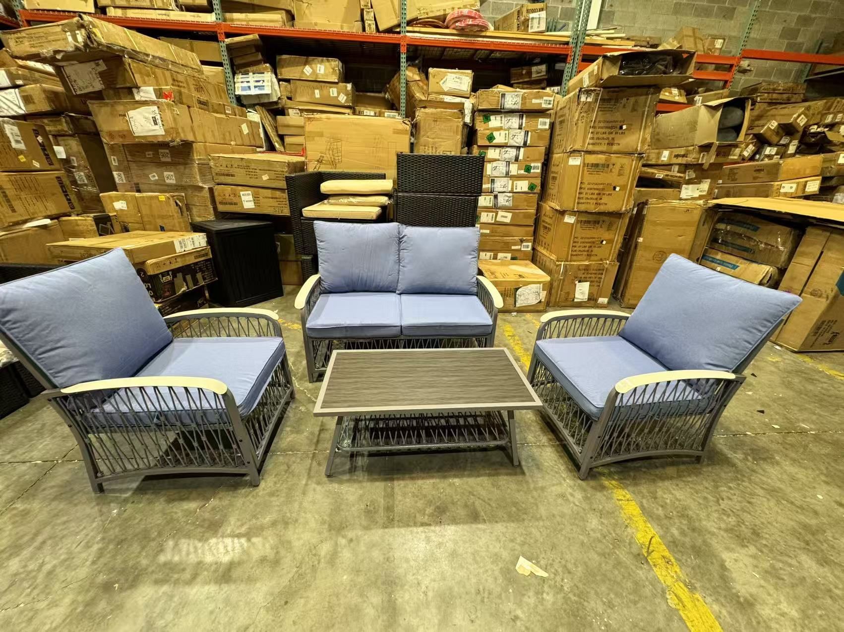 ❤️ 4-Piece Metal Patio Conversation Set with Thick Blue Cushions