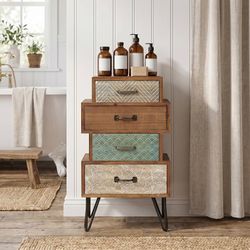 30" 4-Drawer Nightstand Boho Carved Wood Bedside End Table 30" 4-drawer nightstand, carved boho patterns & teal accents, rustic wood finish, black met