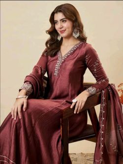 Indian Pakistani Tradition Designer Shalwar Kameez Embroidery Silk Chinnon dress