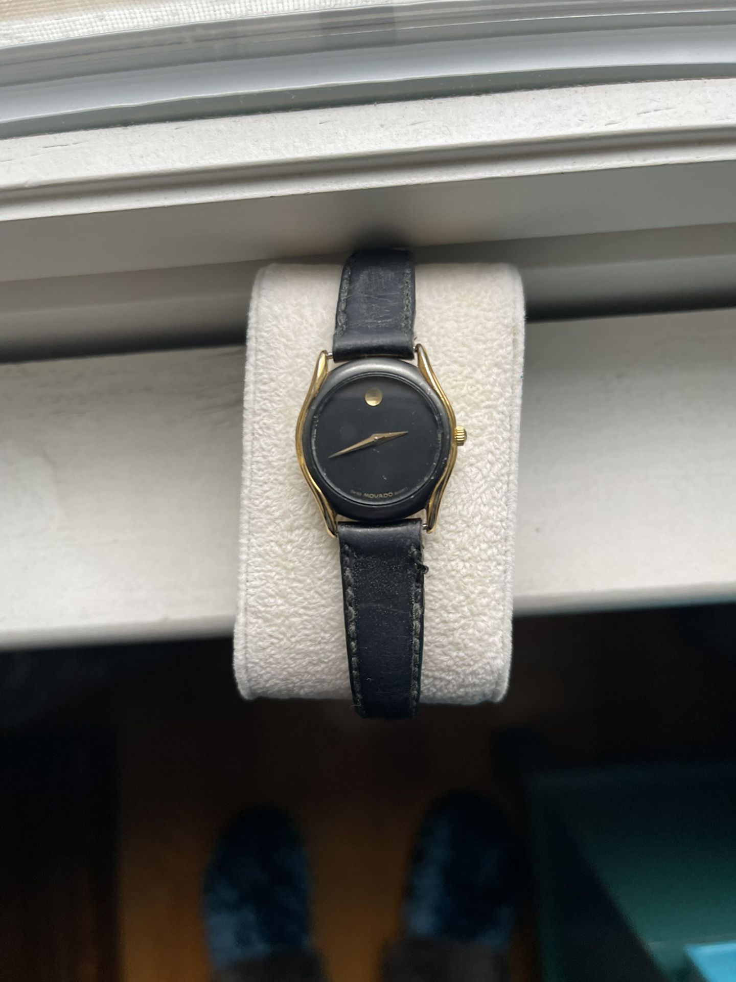 Movado Ladies Watch. Black Leather Band , Black Face
