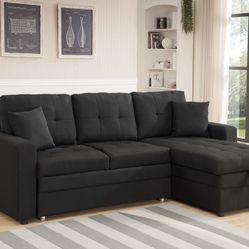 BLACK Linen Pull Out Sectional Sofa