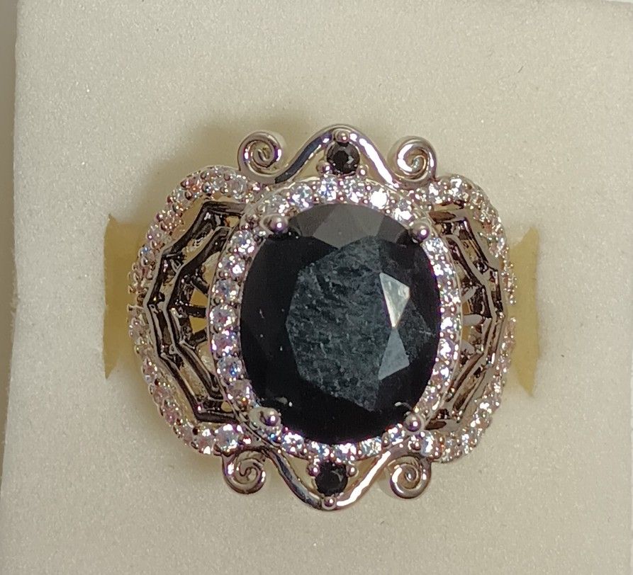 Silver Tone Ring Simulated Black Stone