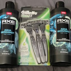 2 AXE AQUA  BERGAMOT SAGE-JUNIPER (16oz BOTTLES) & Gillette MACH 3 SENSITIVE (3 DISPOSABLE RAZORS) FOR $15/$15 POR LOS 3