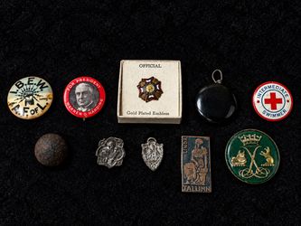 Vintage Estate History Lot – Civil War Canister Shot Ball, 1920 Harding Presidential Pin