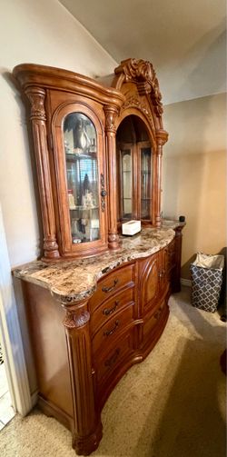 Ornate Wood China Cabinet with Marble Top